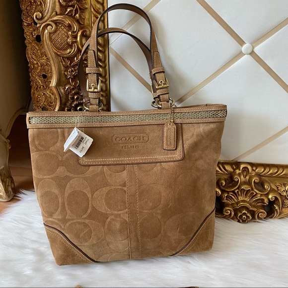 Coach Signature Beaded Leather Suede Tote Bag - Picture 2 of 16